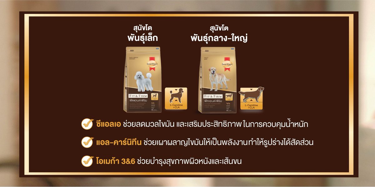 TH_SmartHeart's tweet photo. 𝐒𝐦𝐚𝐫𝐭𝐇𝐞𝐚𝐫𝐭 𝐆𝐨𝐥𝐝 𝐅𝐢𝐭 𝐚𝐧𝐝 𝐅𝐢𝐫𝐦💪🏻

สำหรับสุนัขโต อายุ 1 ปีขึ้นไป
เริ่มน้ำหนักเยอะ มีไขมันสะสมภายในร่างกาย

ซีแอลเอ ลดมวลไขมัน
แอล-คาร์นิทีน ช่วยเผาผลาญไขมันให้เป็นพลังงาน
โอเมก้า 3&amp;6 บำรุงสุขภาพผิวหนัง&amp;เส้นขน

🔗Pet Shop, 7-11, Tops, Tesco Lotus, Makro, Big C https://t.co/uTQthoBoAj