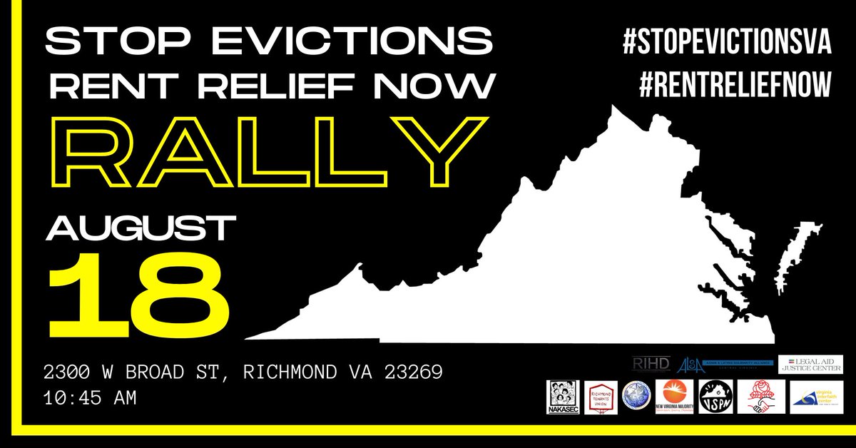 NewVAMajority's tweet photo. LOCATION UPDATE: If you're coming out to the Stop Evictions/Rent Relief Now Rally tomorrow in RVA, we're gathering on the sidewalk at 2300 W Broad St. at 10:45 AM. 

Please do not park in the DMV parking lot - there's street parking on Broad Street and on the surrounding blocks. https://t.co/fC7AHIGg1H