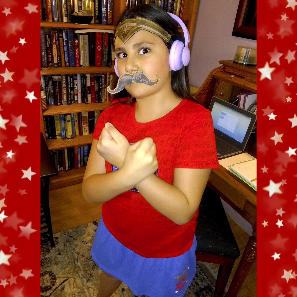HinuHocakAGG's tweet photo. π My Wonder Girl starting the 2nd wk. of homeschool strong! All while trying to hold on to her #ClassClown title.π€‘
#SUPERStudies
π«βπβ‘
#notatroublemaker #GoodEgg #SchoolGurl #WonderGirl #WonderWoman #mustache #MarioMashup #PowerPose #GreekGoddesses #SecretLair #Homeschooling https://t.co/RZrFKTYawQ