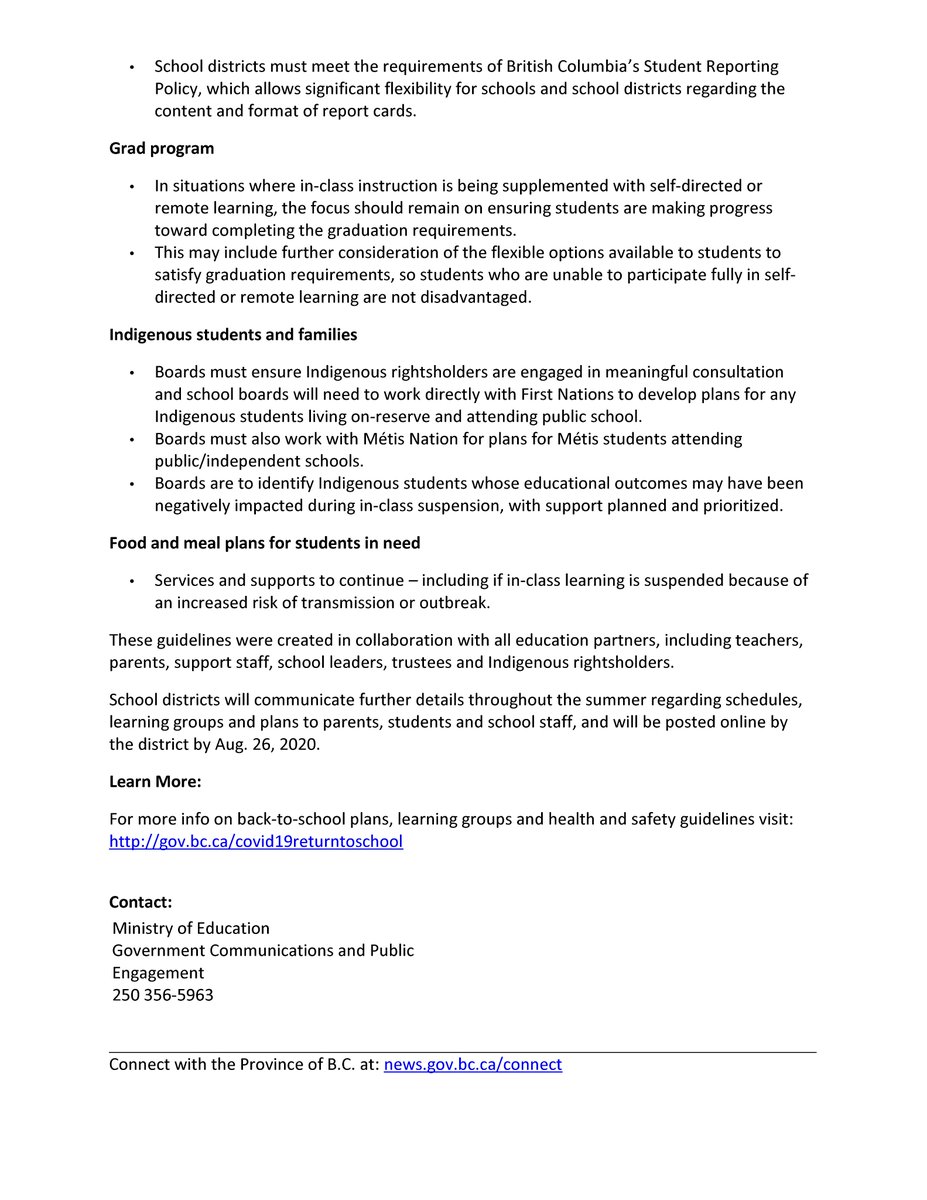The province has developed new K-12 operational guidelines/requirements for masks. Please see the latest news release from the Ministry of Education in the images below or on our main COVID-19 webpage: bit.ly/3kU5aMD