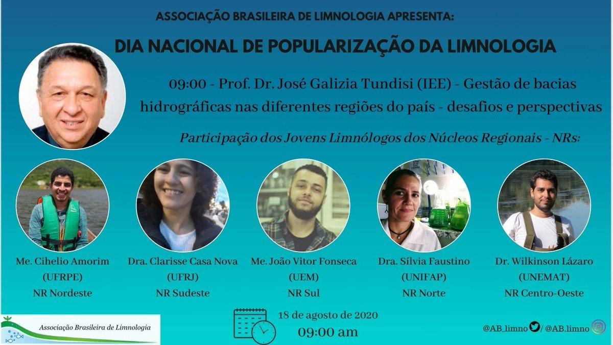 AB_limno's tweet photo. *Primeiro Dia Nacional de Popularização da Limnologia*
Em comemoração aos 10 anos da refundação da ABLimno, nós convidamos você a participar do Primeiro “Dia Nacional de Popularização da Limnologia”.
Dia 18 de agosto de 2020 a partir das 08:00 da manhã
#limnologia #ablimno https://t.co/TC1vbxMgbX