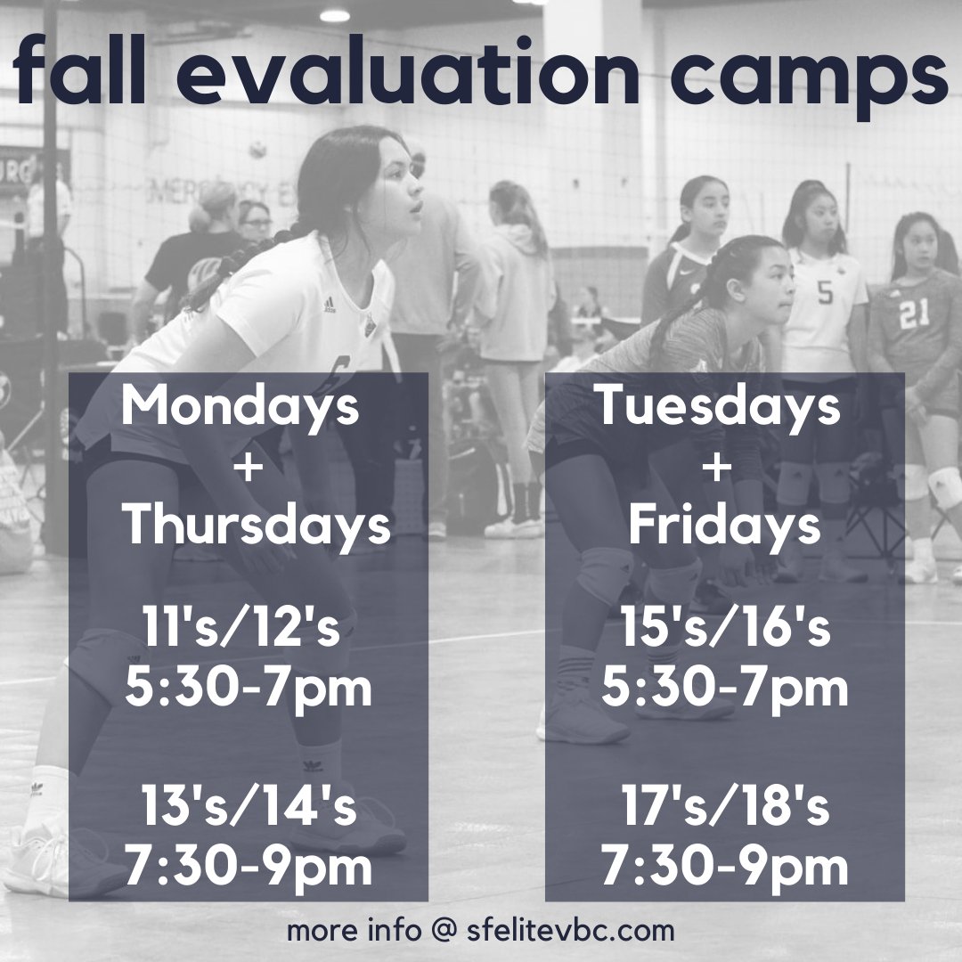 This September, we will be offering Fall Evaluation Camps! 3️⃣ weeks of all skills evaluations for players who are interested in playing for our club this upcoming season.

Registration and more info on our website. sfelitevbc.com/page/1128/info…