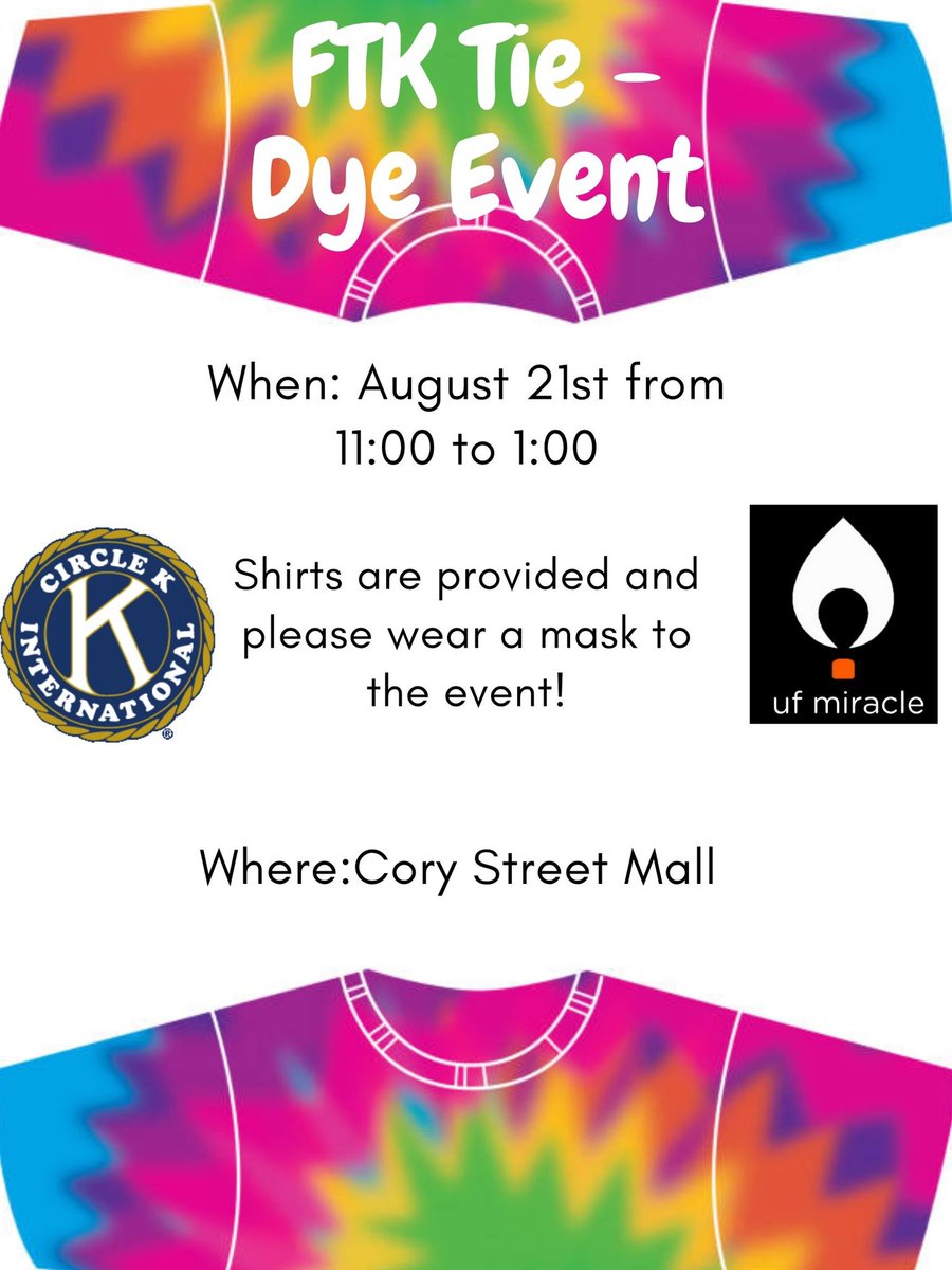 ufmiracle's tweet photo. Hooray for a new semester! What better way to kick it off than with some Tie Dye. Bring your friends and come out and support UF Miracle this week! https://t.co/WOkozo2xcT