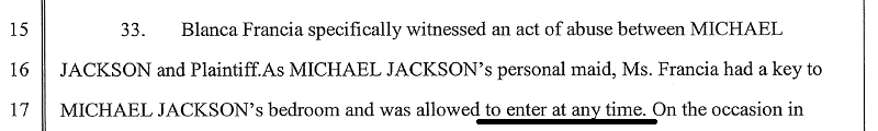 Robson's lawsuit where he admits the maid had a key and could enter in any time