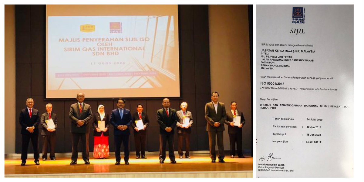 Majlis Penyerahan Sijil ISO oleh Sirim QAS International Sdn Bhd. Premis Ibu Pejabat JKR Perak di Ipoh menerima Pensijilan ISO 50001:2018 bagi Sistem Pengurusan Tenaga. <a href="/JKRPERAK/">JKR PERAK</a> <a href="/CASKT_JKR/">Cawangan Alam Sekitar & Kecekapan Tenaga JKR</a>