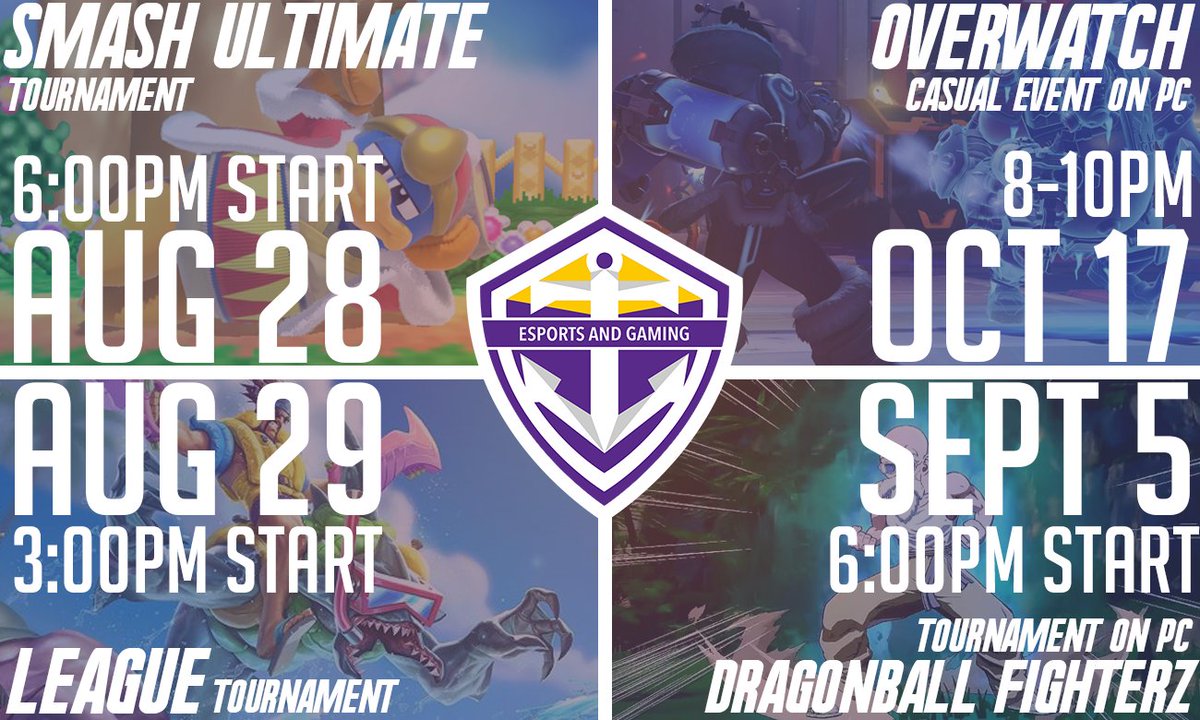 With on campus club events on pause we are moving online! Checkout the image for upcoming tournaments and times! 

Join the discord: discord.gg/HqTkTVE