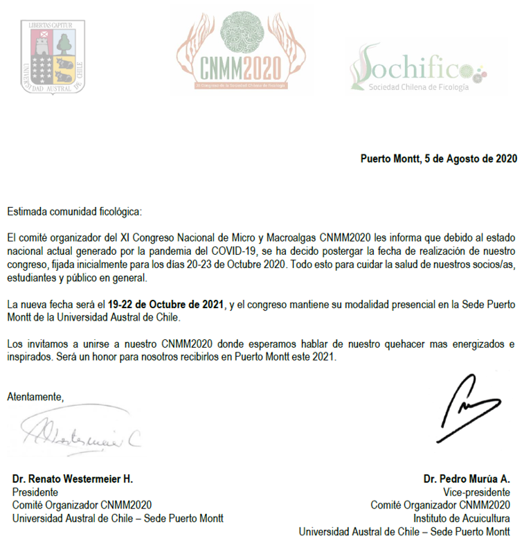 cnmm2020's tweet photo. Tenemos nueva fecha! Nuestro congreso se porstergará un año para cuidar de la salud de nuestros socias y socias. Nos vemos el 2021!
@sochifico @SedeUACh @MarCentro @AlgaLab @MacroalgasUACh @arm_labDRC @crean_ifop @SubpescaCL @MabaUach https://t.co/DsdzMrDnrr