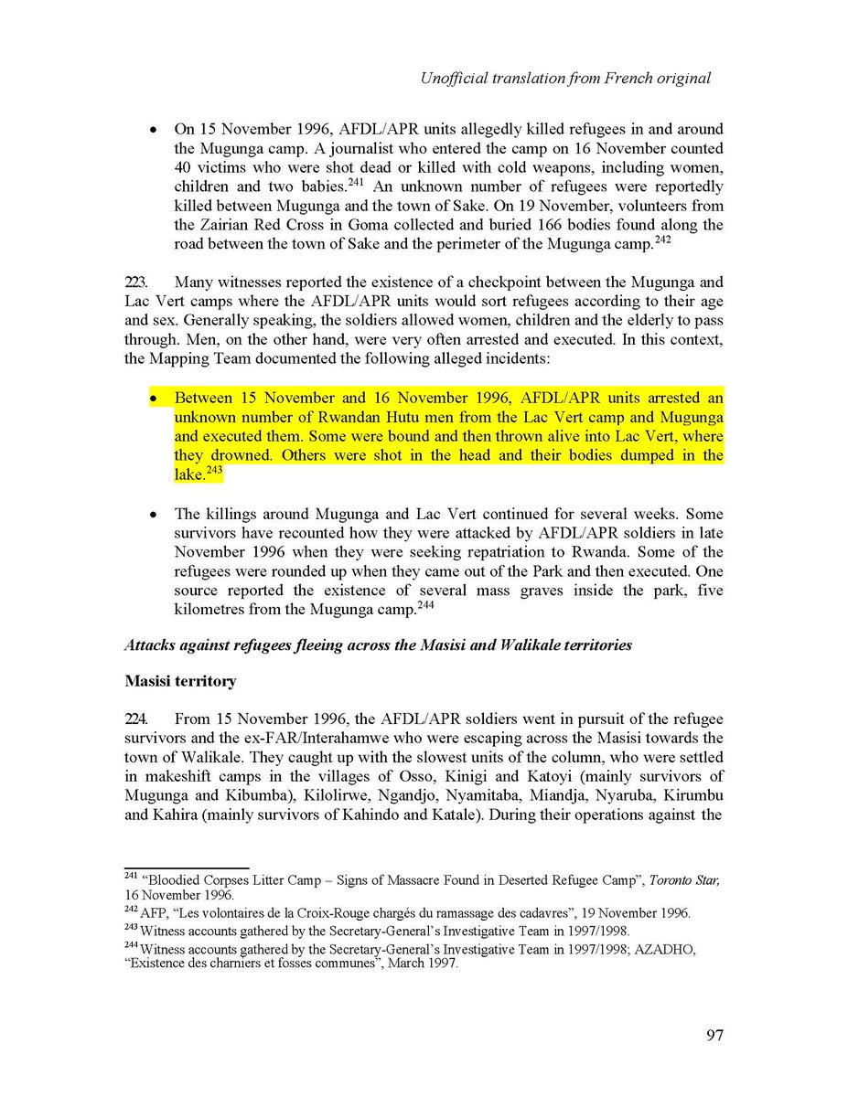 MappingReport's tweet image. Between 15 November and 16 November 1996, AFDL/APR units arrested an unknown number of Rwandan Hutu men from the Lac Vert camp and Mugunga and executed them. Some were bound and then thrown alive into Lac Vert, where they drowned. #MappingReport[1/2]