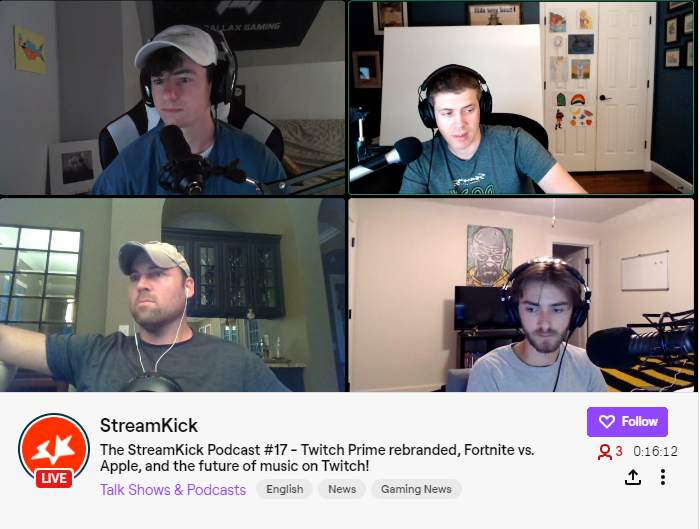 StreamKickPod's tweet photo. Join us on #Twitch for the first LIVE episode of The StreamKick Podcast! 

🔄 Twitch Prime rebranded
🆚 Fortnite vs. Apple
🎵 The future of music on Twitch!

📺 Watch: https://t.co/4BOzP6tix5 https://t.co/7gddJuLLCD