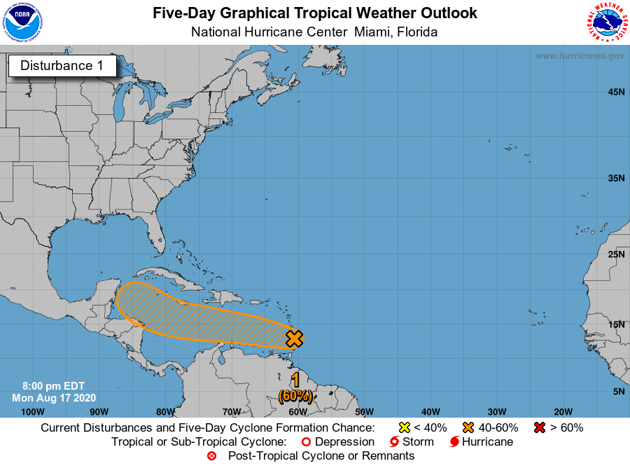 NHC_Atlantic's tweet photo. 8/17 8p EDT: NHC is monitoring a pair of systems.  The western one could become a tropical depression over the W Caribbean during the latter part of the week.  The eastern system is likely to turn into a tropical depression within a couple of days.  More: https://t.co/tW4KeFW0gB https://t.co/X569SWTwfh