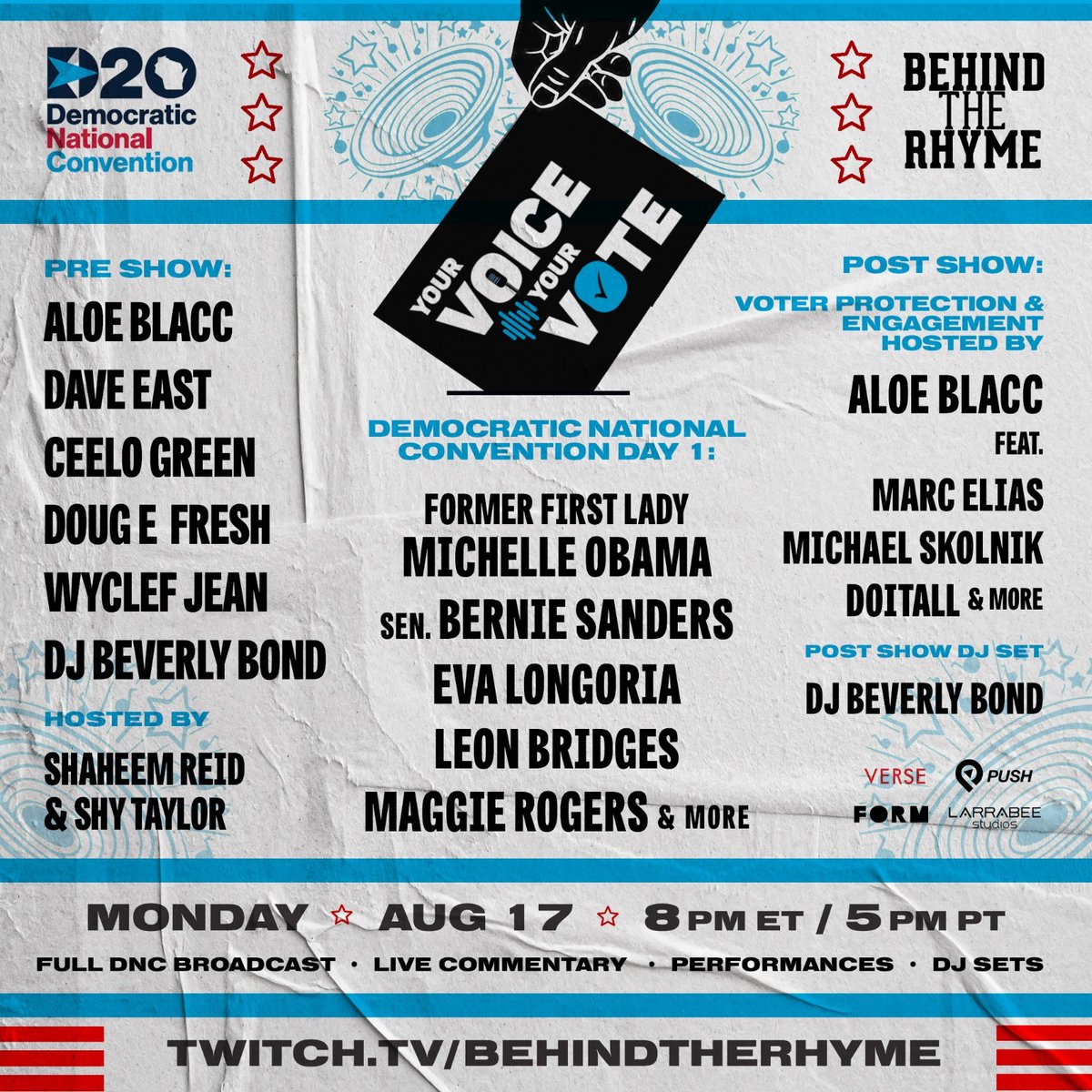 DemConvention's tweet photo. Tune in to our pre-show with @BTRhyme for some good beats before the convention begins at 9pm ET!

And don’t forget to register to vote at https://t.co/OWc0zxtWBy.

https://t.co/yK7ye47LBJ https://t.co/sHYAo93Jul