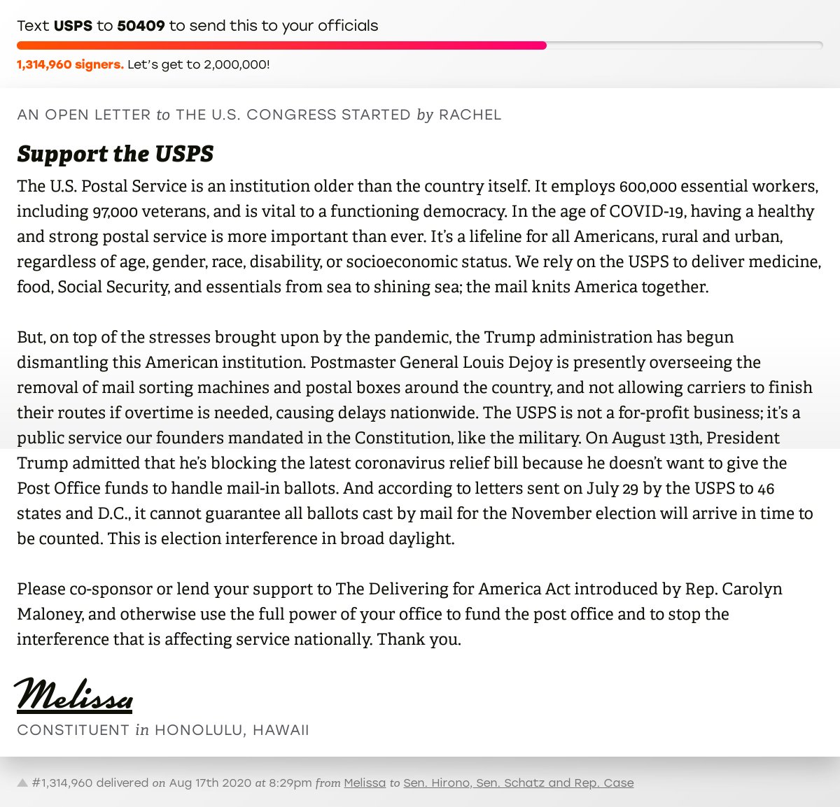 openletterbot's tweet image. 🖋 Sign “Support the USPS” and I’ll deliver a copy to your officials: 

📨 No. 1,314,960 is from Melissa to @MazieHirono, @SenBrianSchatz and @RepEdCase #HI01 #HIpolitics #SaveTheUSPS