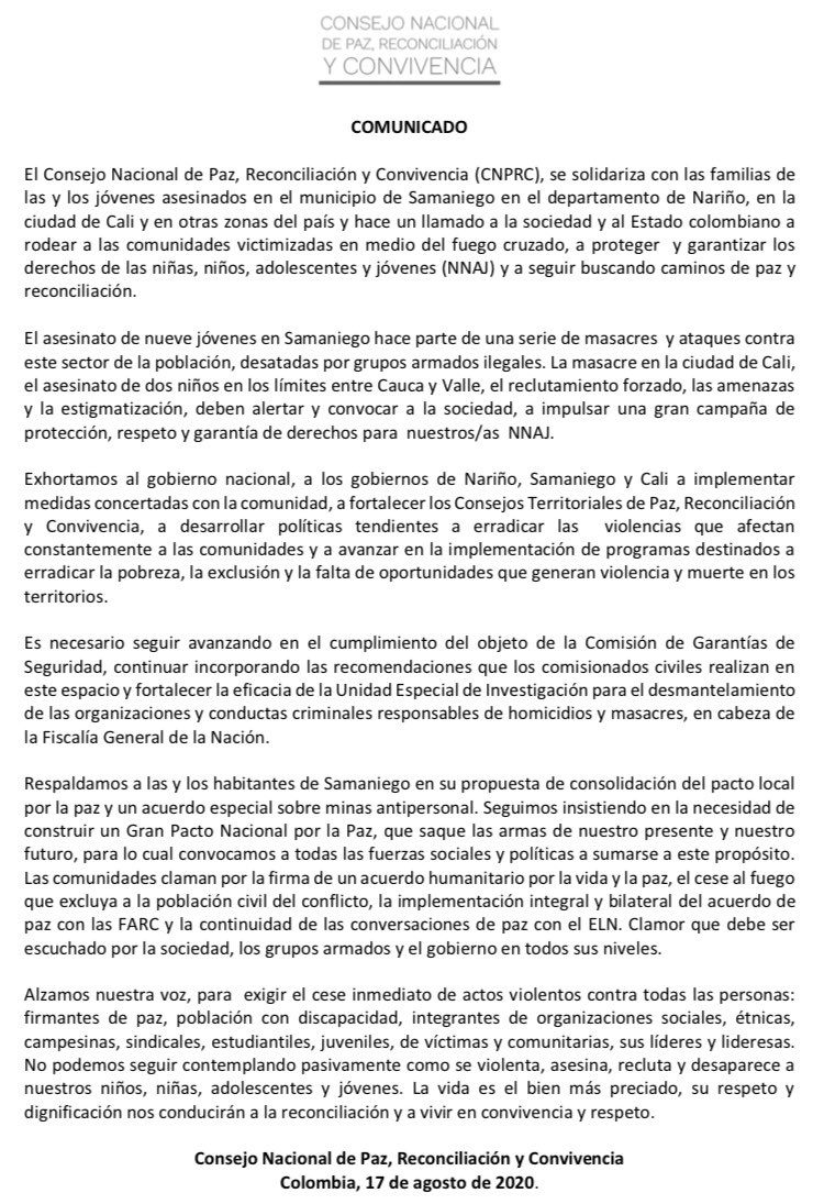 ConsejoPaz's tweet image. Comunicado a la opinión pública del Consejo Nacional de Paz, Reconciliación y Convivencia.