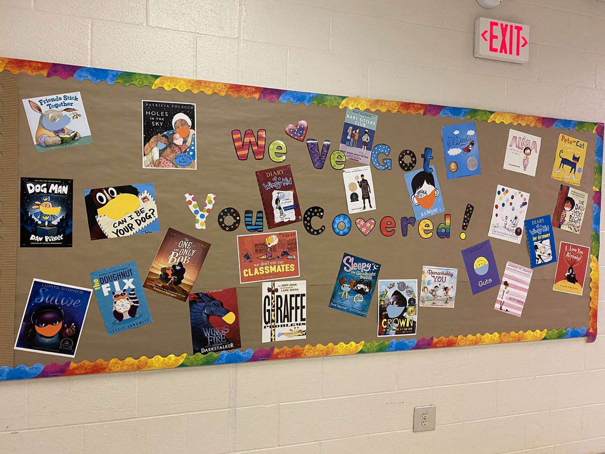 sm_dubose shared this with us: Our bulletin board!  “We’ve got you covered!” 🤣 Each book character has on their masks! CommonsLex1 lexingtonelemsc  x.com/sm_dubose/stat…