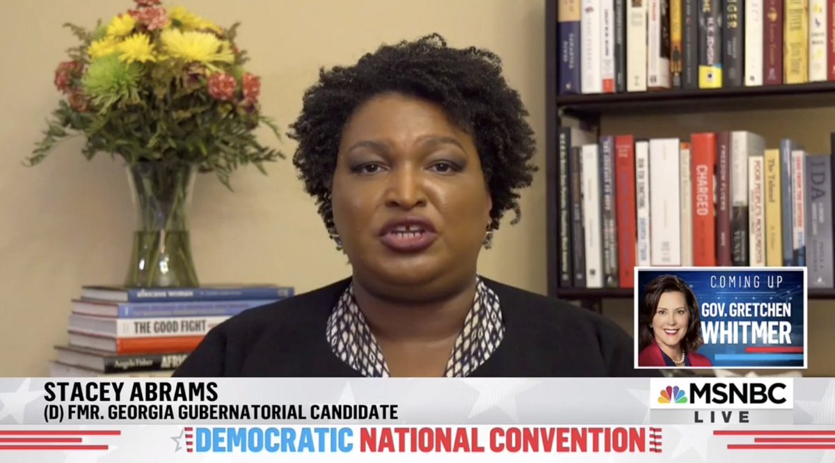 Screenshot of Stacey Abrams speaking on MSNBC about voter suppression.