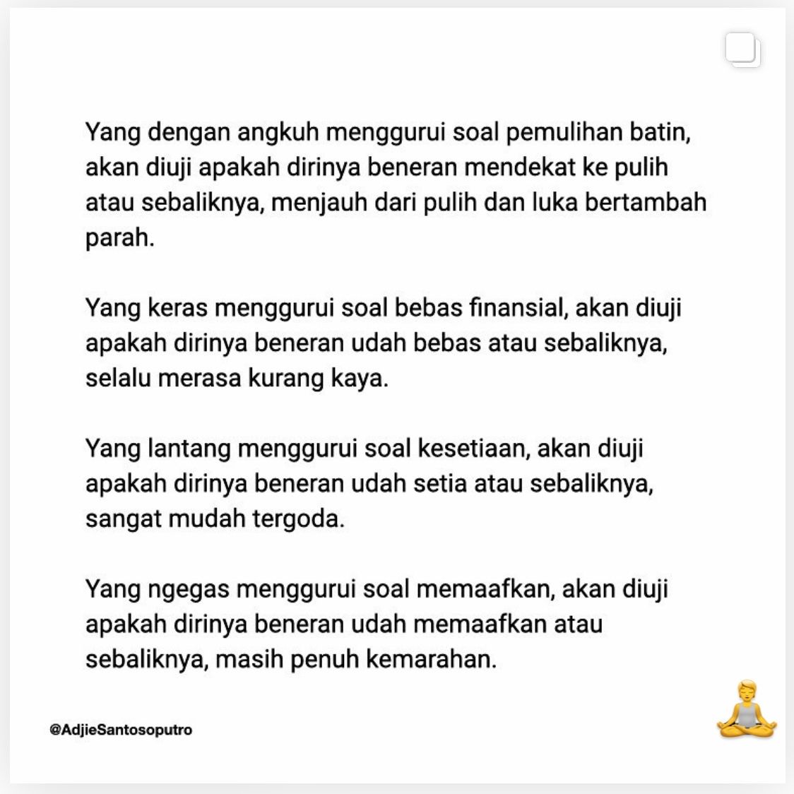 AdjieSanPutro's tweet photo. Yang ngegas menggurui soal kesehatan mental, akan diuji apakah dirinya beneran sehat mentalnya. Begitu pula soal keuangan, kesetiaan &amp; memaafkan.

Orang yg sadar akan sirkulasi energi di hidup ini cenderung berhati-hati dlm berbagi ilmu, menghindari nada menyuruh begini begitu. https://t.co/x6WqKir2sg