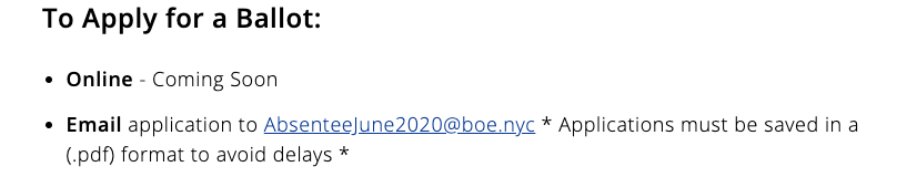 bbienstock's tweet photo. @NYCVotes @BOENYC the email address to request an absentee ballot for the general election does not work! Still references the June primary. Please resolve!!! https://t.co/Y132CoWI68