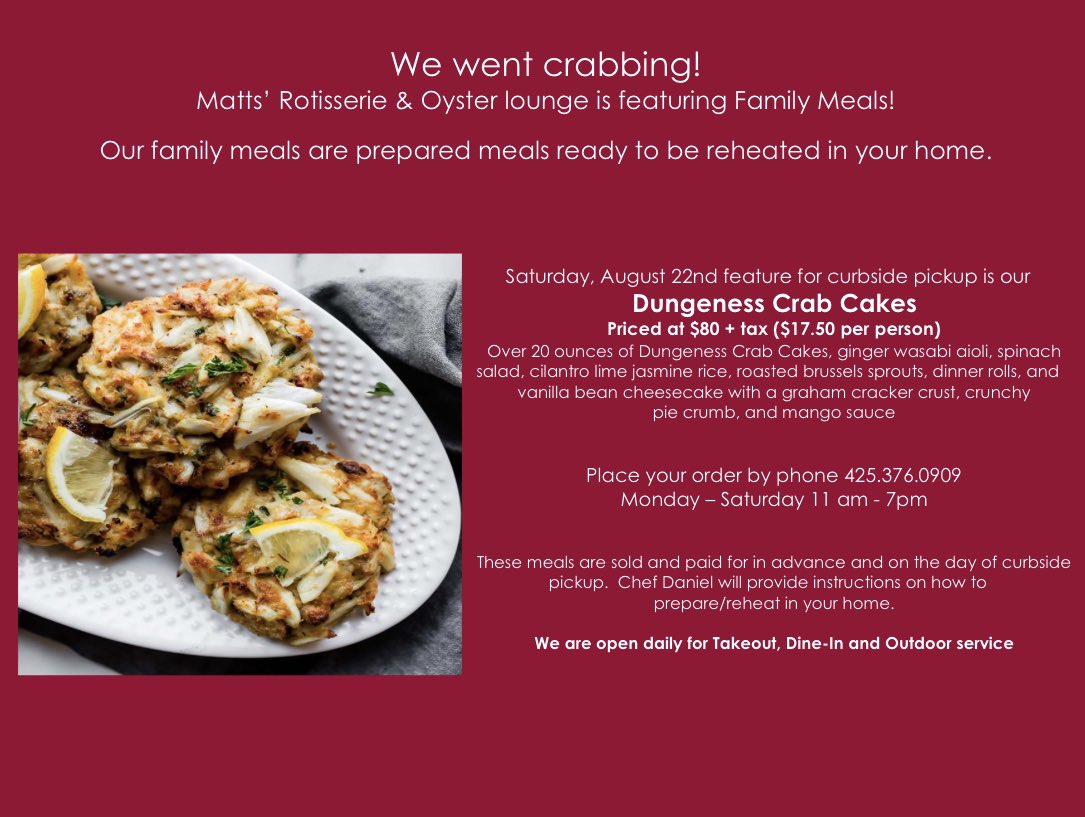 Oh boy!!! Crab Cakes and cheese cake are on deck for family meal this coming weekend!! Place your order now for Saturday pick up!
#meetatmatts #mattsrotisserie #redmond #redmondtowncenter #rotisserie #pnwfoodie #takeout #familymealtogo #saveourrestaurants #loveourguests