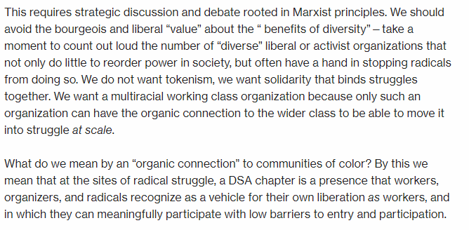 So that's the first part of saying: we talk about building a multiracial working class socialist organization by building "organic connections" bc we want ppl to have the chance to hone their political selves thru democratic participation, to become political agents of their own.