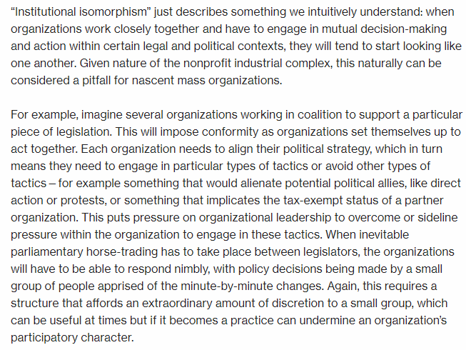 Sociologists have a whole-ass term for this, institutional isomorphism, which I talked about before. If you're regularly making decisions without open political debate members can minimally observe & ideally participate in, youll look up one day to find a different kind of org.