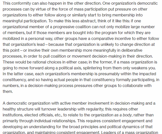 Sociologists have a whole-ass term for this, institutional isomorphism, which I talked about before. If you're regularly making decisions without open political debate members can minimally observe & ideally participate in, youll look up one day to find a different kind of org.