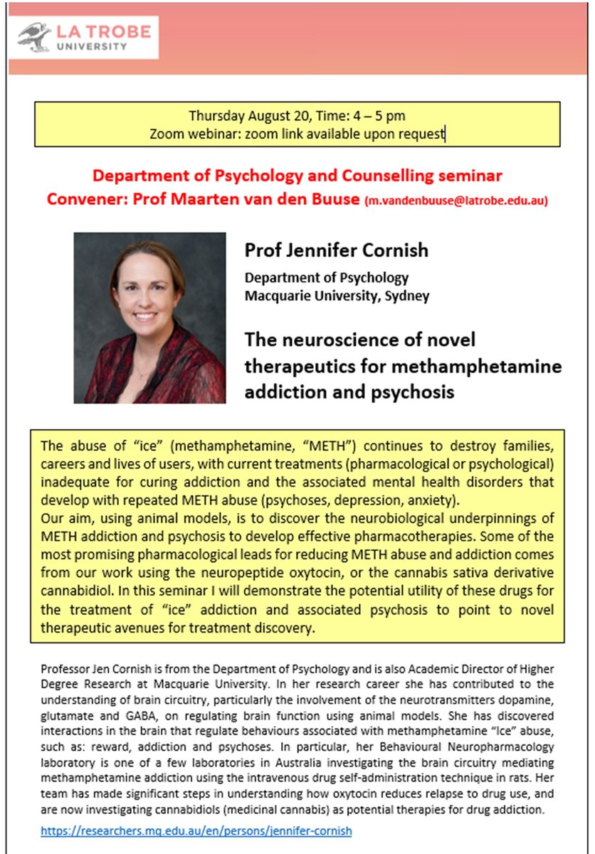 mvandenbuuse's tweet photo. Join us for a La Trobe University webinar by Prof Jennifer Cornish on novel therapeutics for methamphetamine addiction and psychosis. Thursday 20 August 4-5pm AEST. DM me for the zoom link. @LTUresearchers @latrobe #methamphetamine #psychosis #addictionneuroscience https://t.co/YhNYfd4OVm