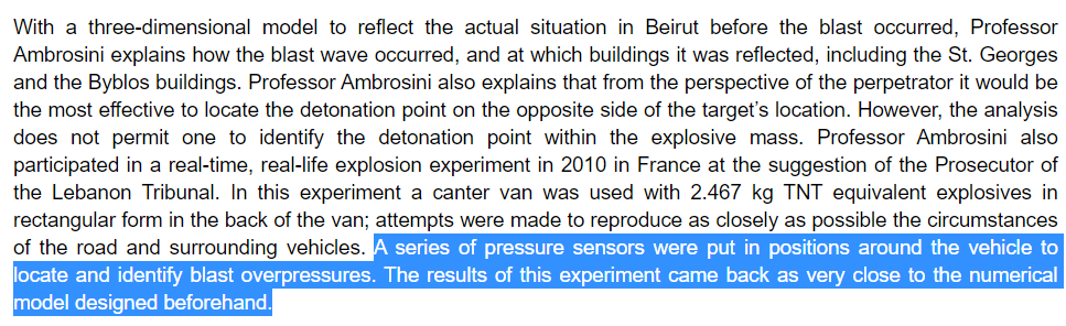 Ambrosini discussed his participation in 2010 reconstruction. "A series of pressure sensors were put in positions around the vehicle to locate & identify blast overpressures. The results of this experiment came back as very close to the numerical model designed beforehand."26/