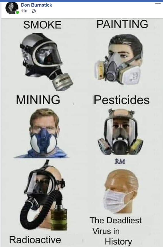 NotDonBurnstick's tweet photo. This is so ignorant to post without context. 
- The other masks here protect the WEARER.
- The cheap, flimsy mask helps OTHER PEOPLE. 
It's not about what the mask looks like. It's about wearing one and caring about others. https://t.co/PDNXGTyyAT