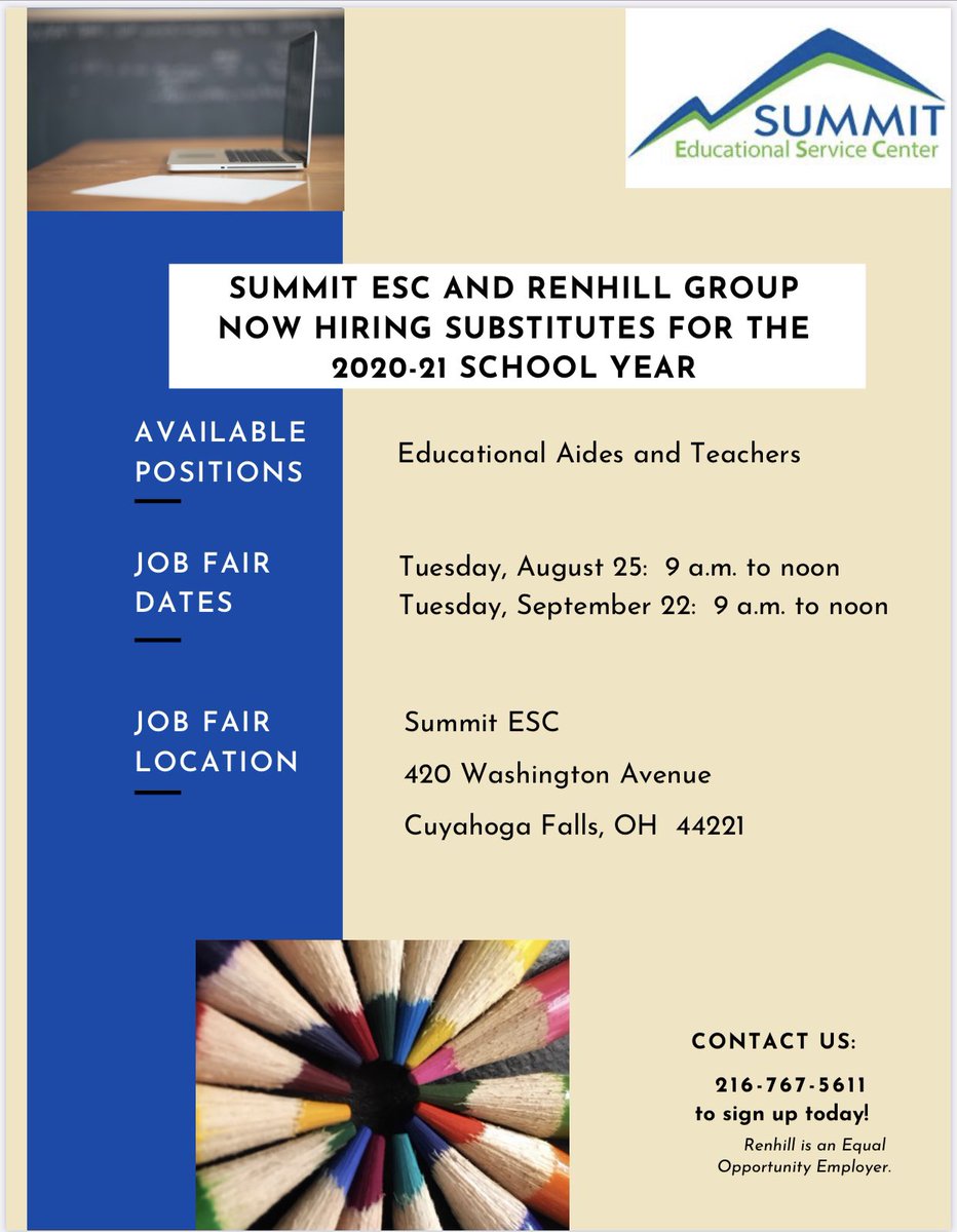 Are you looking to be a substitute teacher or assistant  this school year? If so, be sure to attend our job fair in partnership with the Renhill Group on Tuesday, August 25th from 9:00–noon at the Summit ESC. We welcome walk-ins. Face masks required. #jobfair #sesc