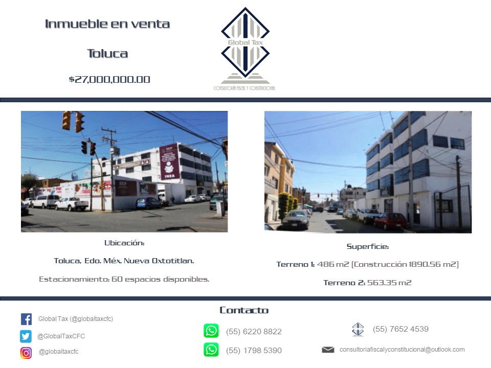 GlobalTaxCFC's tweet image. Ponemos a su disposición inmueble en venta en Toluca, Edo. Méx.
$27,000,000.00
Estamos a sus órdenes en nuestras vías de contacto.
