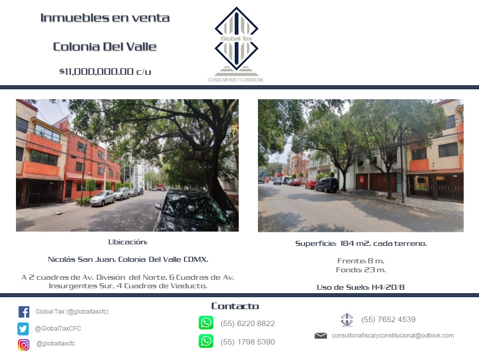 GlobalTaxCFC's tweet image. Ponemos a su disposición 2 terrenos en venta en Colonia del Valle, CDMX. 
$11,000,000.00 c/u.
Estamos a sus órdenes en nuestras vías de contacto.