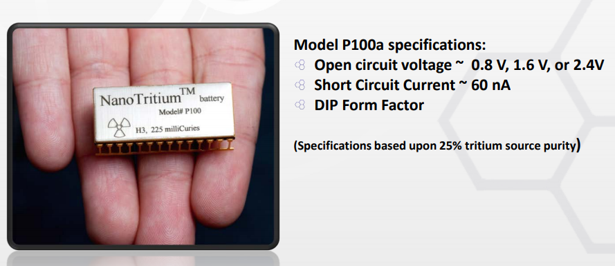 well this is exciting. it's a nuclear battery, and it comes in a DIP package. lasts around 20 years, only $4500 for the 2.4V model.there are a few caveats...