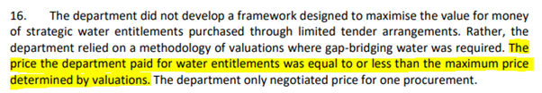 Interestingly, the  @ANAO_Australia's recent scathing report on water, noted there was no “framework designed to maximise the value for money” but also: