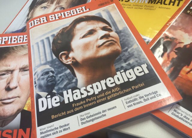 La prensa juega un gran papel en esto. Aquí portada de Der Spiegel llamando a la anterior líder de AfD “predicadora de odio”. ¿Veríamos algo así en España?