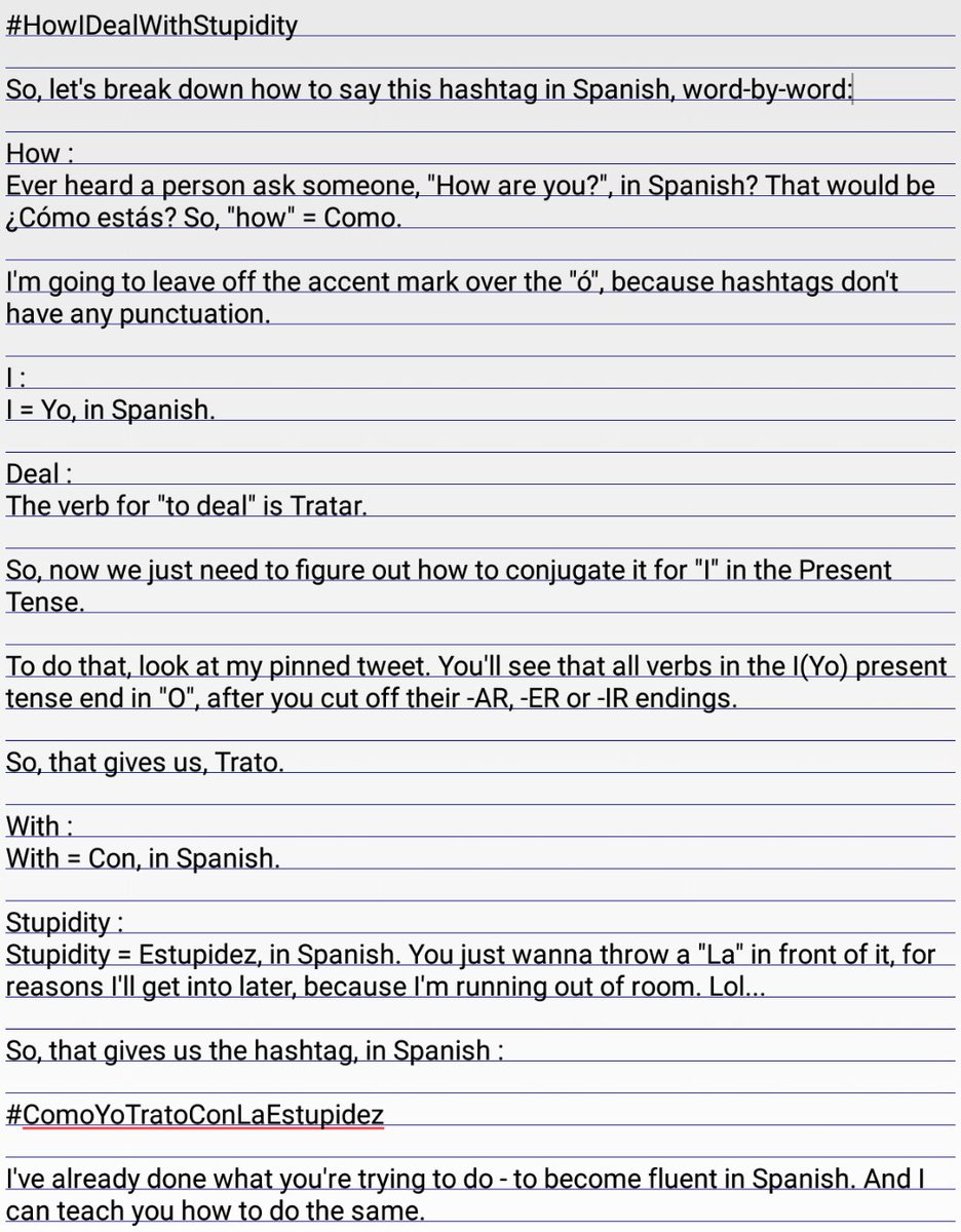 HiSpeedSpanish's tweet photo. Periodically I'll be taking an English hastag and breaking down the ins & outs of how you would say it in Spanish. I'm calling it #HighSpeedHashtags so you can search that hashtag to look at previous ones. This time we're translating the hashtag, #HowIDealWithStupidity. https://t.co/98zFXKjlBB