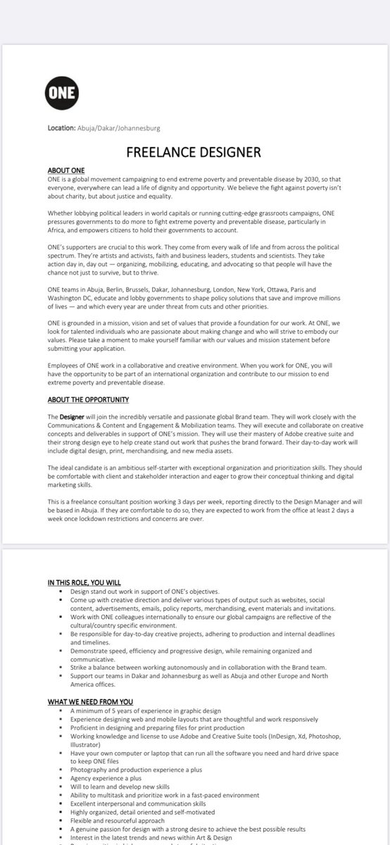 Nyafam's tweet photo. Work opportunity for a freelance Designer. Don’t mind the closing date. Just submit your application #GraphicDesignerOpportunity https://t.co/DnGxDtItba