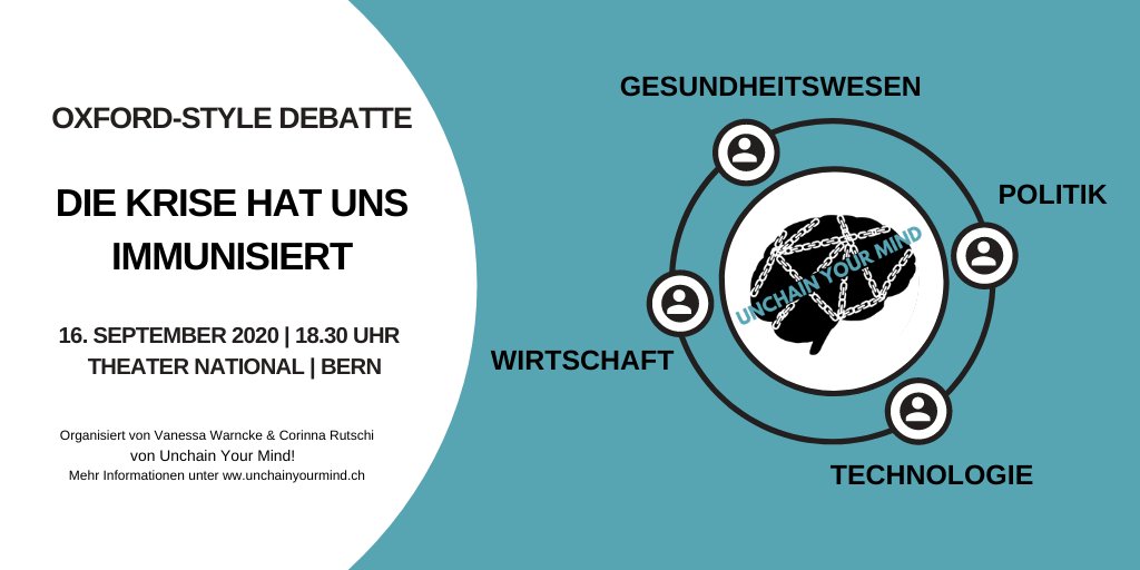 SwissCognitive's tweet photo. ➡️Time to Unchain Your Mind!🧠
Has the crisis immunized us? What have we learned from the #Covid19 crisis? ⬅️

➡️Get the answers on September 16 at @UYM_CH´s #OxfordStyleDebate. 

😍More info &amp; tickets https://t.co/OOkn35sIXY 

#Technology #Society  #Economy #Healthcare #Crisis https://t.co/D9vFkGuGZp