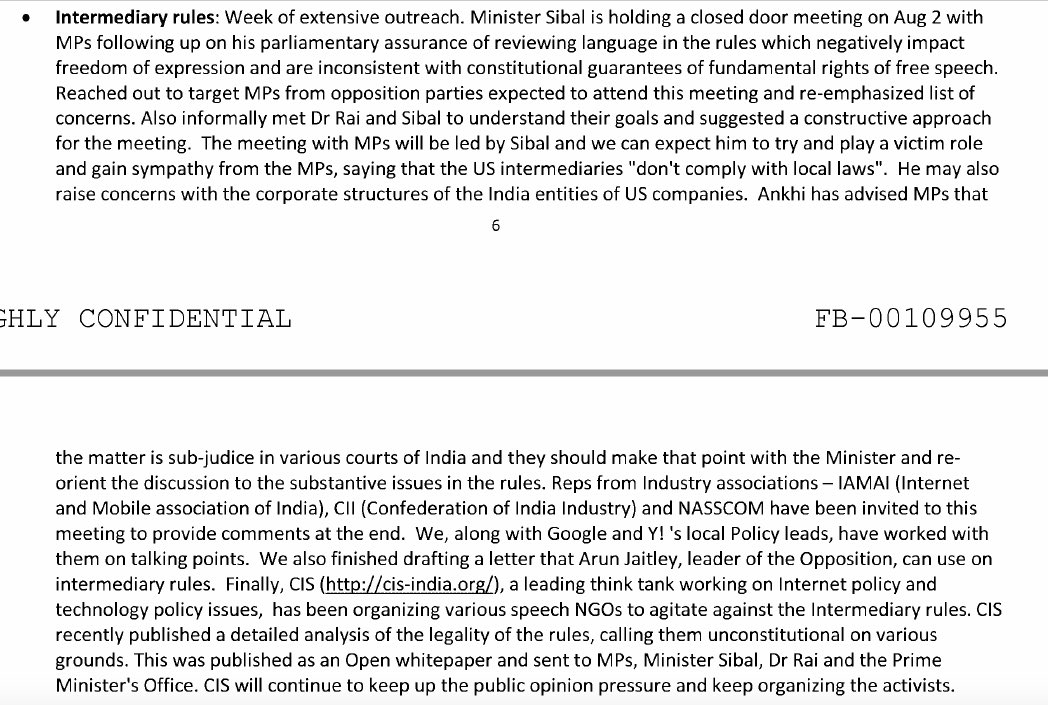 Let's look at this July 2012 internal memo, sent by a global official which has updates on FB's policy activities in India. This memo features Ankhi Das' outrach with Kapil Sibal, MPs, drafting a letter that Jaitley would use on the intermediary rules, and think-tank CIS.