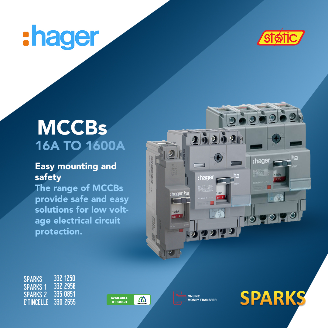 16A to 1600A
Easy mounting and safety.

The range of MCCBs provide safe and easy solutions for low voltage electrical circuit protection.

Original #Hager products available at all #SPARKS Outlets.

#StaticCompany #Static #ElectricProducts