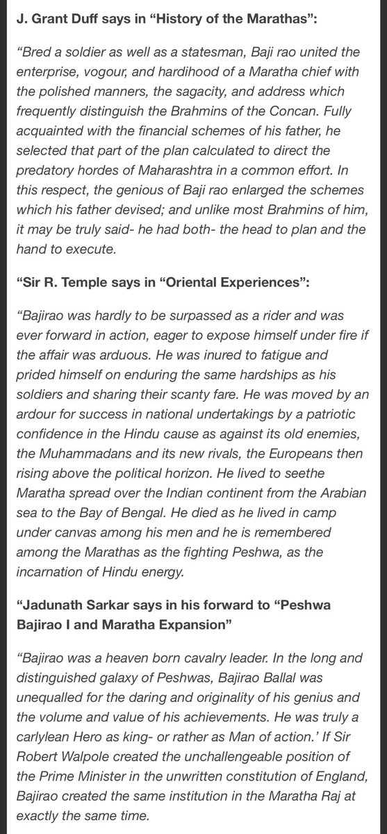 Shrimant Thorle Bajirao Peshwe spent his entire life fulfilling Chhatrapati Shivaji Maharaj’s dream of hoisting the ‘ #Bhagva’ Flag over the Indian sub-continent. Peshwa Bajirao from the eyes of some famous Historians.(16/18)