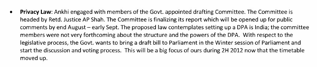 Now let's look at how Facebook's efforts regarding an early version of the privacy law, where Das engaged with members of the drafting committee. Think-tank CIS was preparing a "so-called" "consensus draft of privacy legislation” which FB's team submitted a draft of comments to.