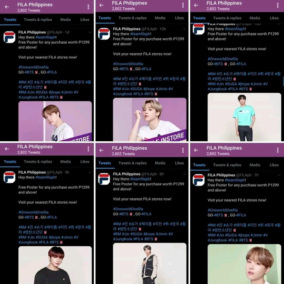 2003Acker's tweet photo. Hey @FILAph you've been posting all BTS member every hour but it's been 17 HOURS and there's no signs of V.
We request you to fix this immediately and be more responsible next time.
 @bts_bighit @BigHitEnt @hitmanb make sure all official advertising is always OT7. BTS IS 7 https://t.co/hFef9aLuVG