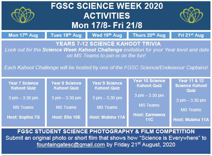 fountaingatesc's tweet photo. FGSC SCIENCE WEEK 2020
ACTIVITIES TIMETABLE!

Additionally, the FGSC Student Science Photography and Film Competition deadline has been extended!

Submit an original photo or short film that shows how “Science is Everywhere” to fountaingatesc@gmail.com by Friday 21st August. https://t.co/etKpsT0e59