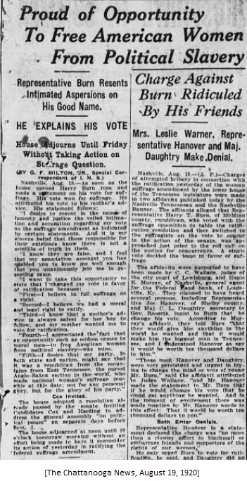 Harry Burn: "I believe in full suffrage as a right" and "I know that a mother's advice is always safest for her boy to follow, and my mother wanted me to vote for ratification."  #19thAmendment   4/
