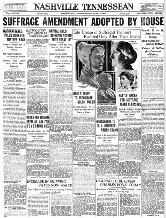 100 years ago today (Aug. 18, 1920): Tennessee adopted what would become the  #19thAmendment  , giving supporters of women's suffrage the 36 states needed for ratification. 1/