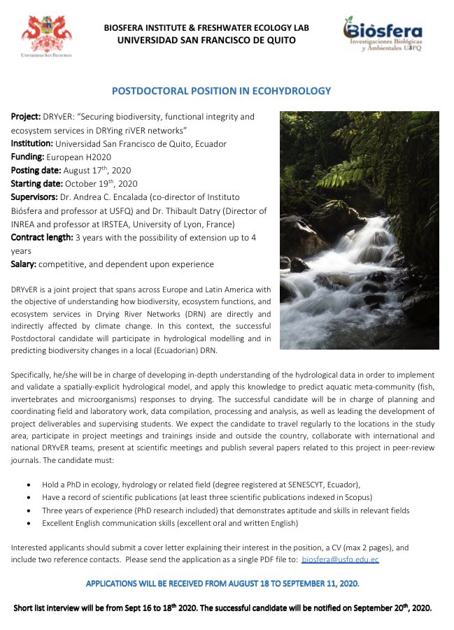 RedELimnologia's tweet image. Oportunidad Postdoctoral en Ecohidrología con @aencalada1 y @tdatry