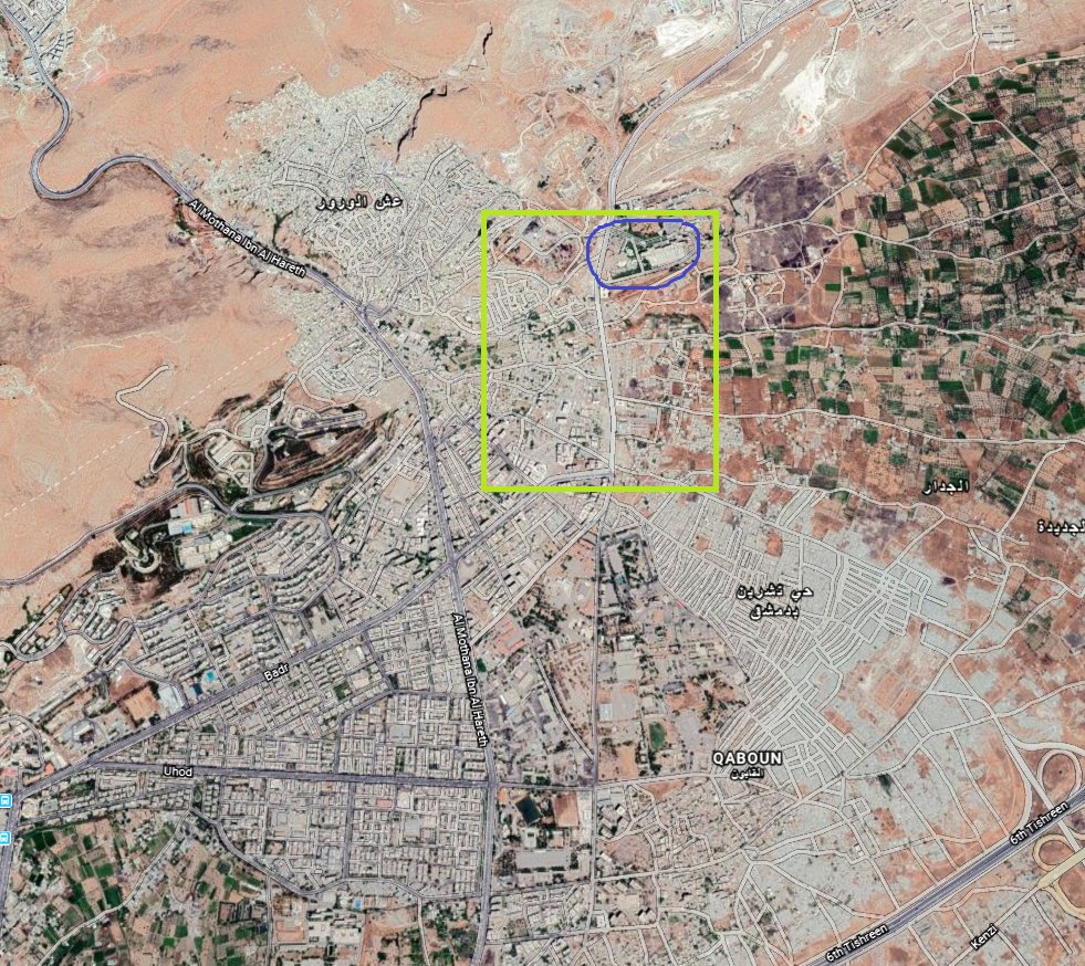 However, based on the video descriptions, here is the general area I believe it to have occurred in (Tishreen Military Hosp. circled in purple).12/x