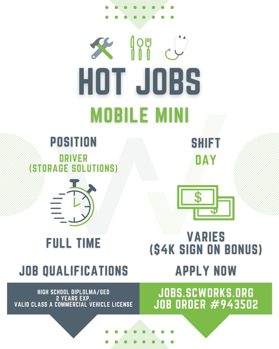 SCWorksTrident's tweet photo. HOT JOB ALERT 🚨⚠️! @MobileMini is hiring Class A CDL Drivers in North Charleston. They offer a $4K sign-on bonus 💰💰💰 and Monday-Friday scheduling with no night work. Visit https://t.co/6cFkVzfhM2 and search for job order #943502. #scworkstrident #newjob #hotjob #MobileMini https://t.co/OHRouNmBrU