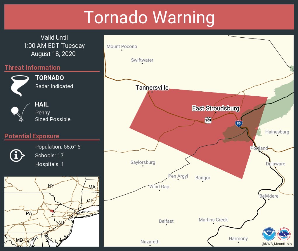 NWStornado: 🌪️⚠️ Tornado Warning continues for East Stroudsburg PA, Stroudsburg PA, Delaware Water Gap PA until 1:00 AM EDT