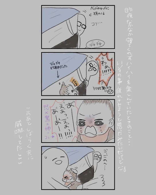 今まで、驚きでビクッてなることはよくあったけど、恐怖の感情を出す事ってなかったなって思う…昨日はじめて恐怖と威嚇の反応を見た気がした?
暗闇で何してんだ早よ寝かせろよって話だけど??笑

#育児絵日記 #育児漫画 #生後9ヶ月 